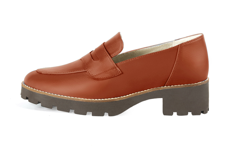 Terracotta orange women's casual loafers. Round toe. Low rubber soles. Profile view - Florence KOOIJMAN